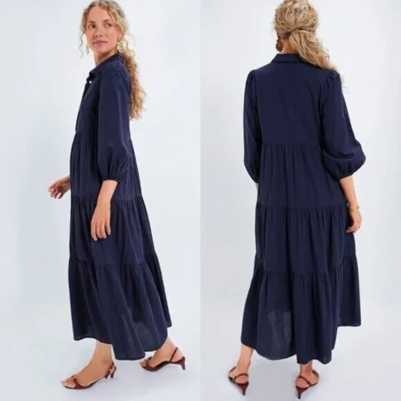 Pomander Place Navy Mabel Tiered Maxi Dress NWT Size L Puff Sleeve - Picture 3 of 11